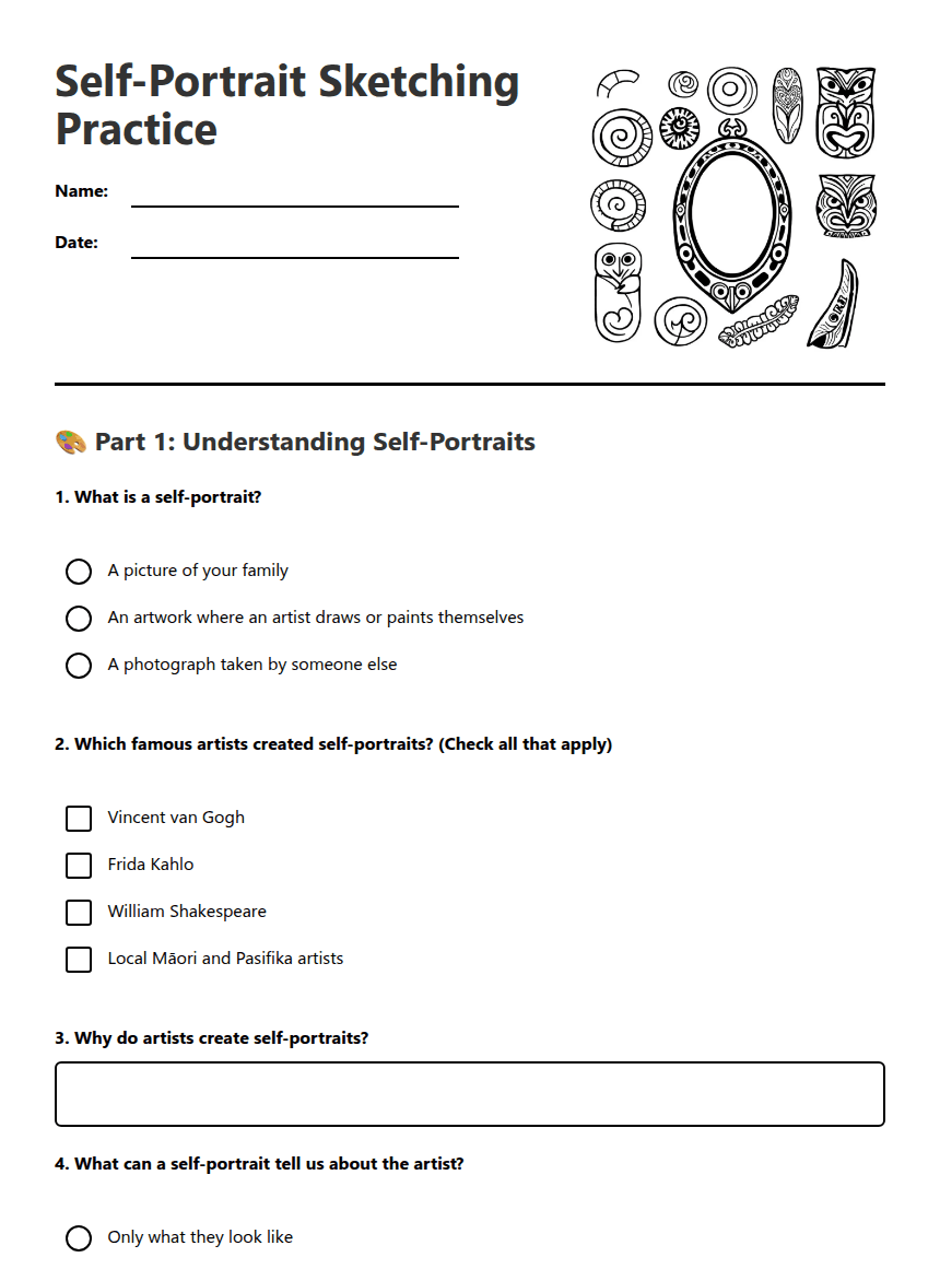 Self-Portrait Sketching Practice worksheet preview