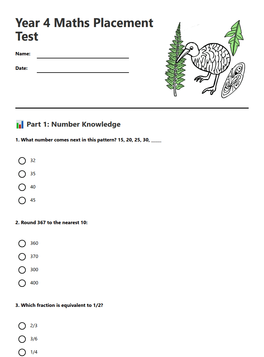 Year 4 Maths Placement Test worksheet preview