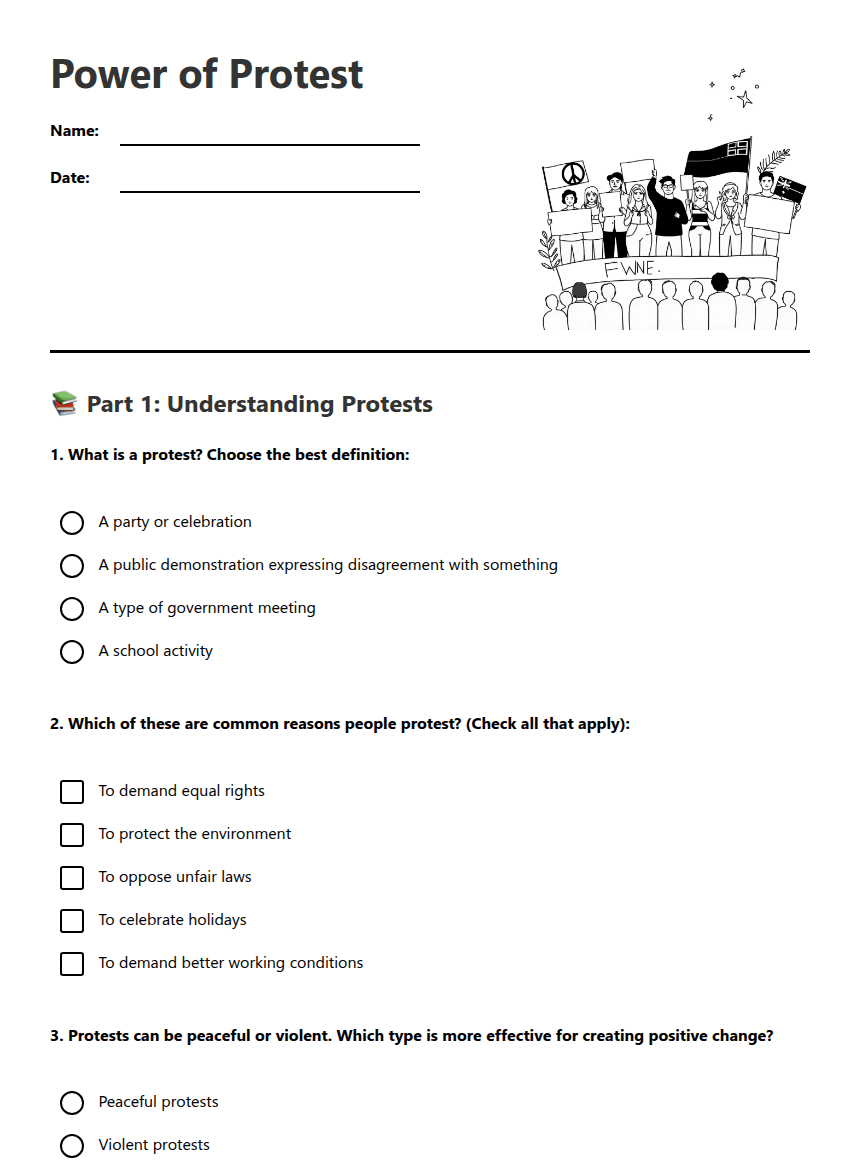 Power of Protest worksheet preview