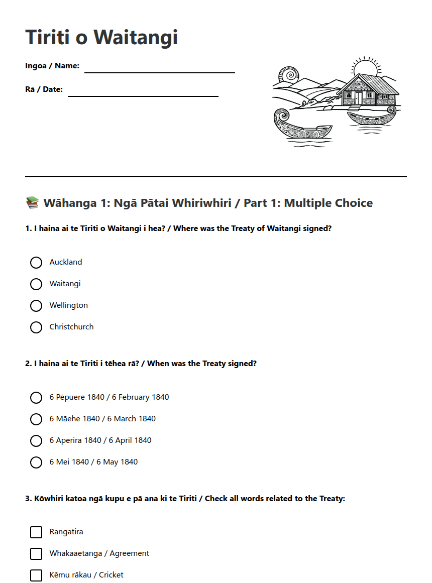 Tiriti o Waitangi worksheet preview