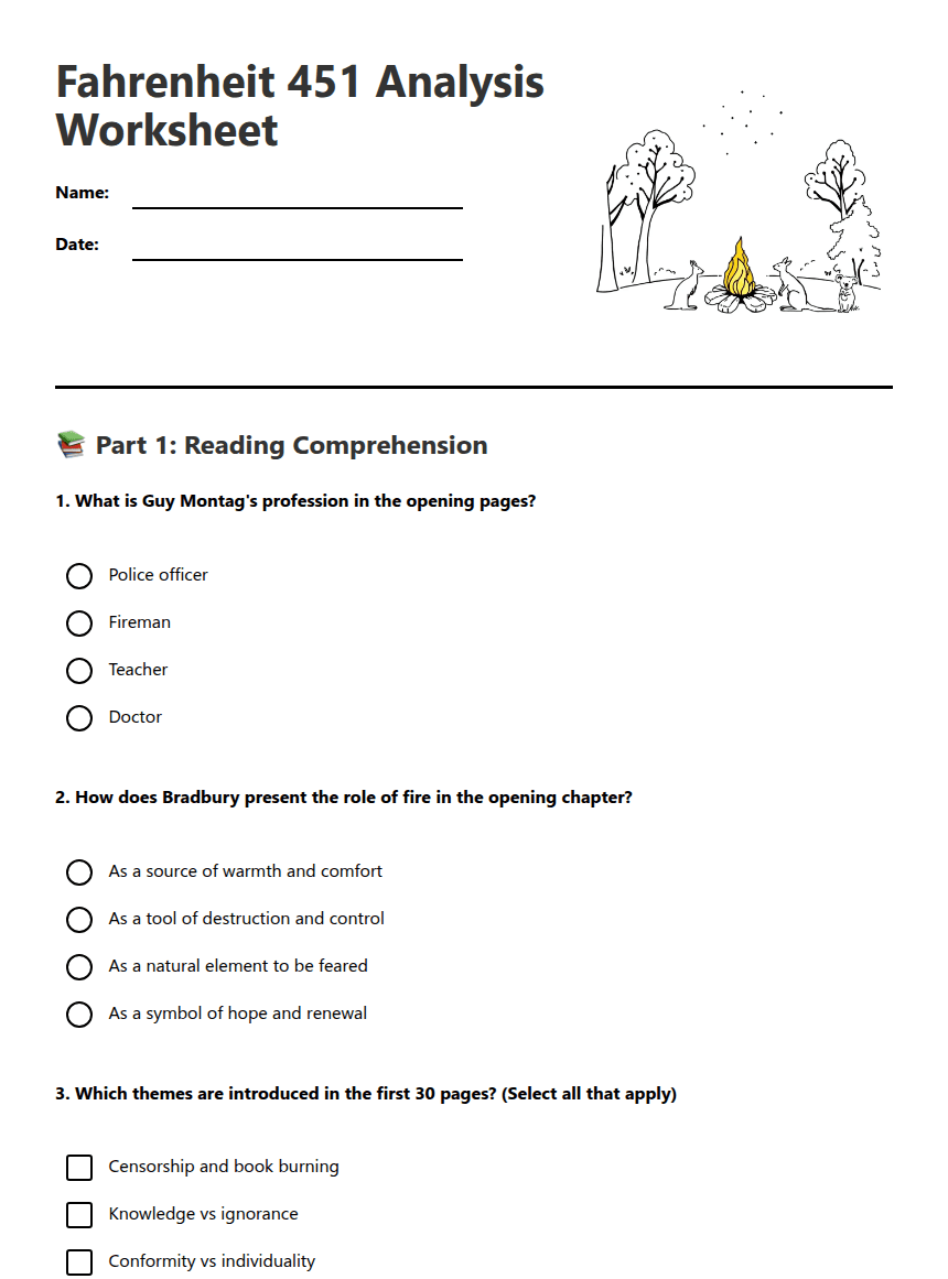 Fahrenheit 451 Analysis Worksheet worksheet preview