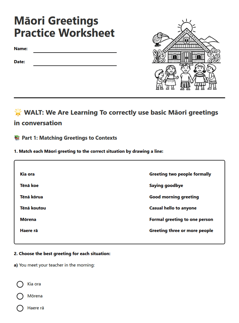 Māori Greetings Practice Worksheet