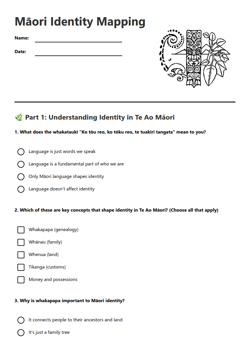 Māori Identity Mapping worksheet preview