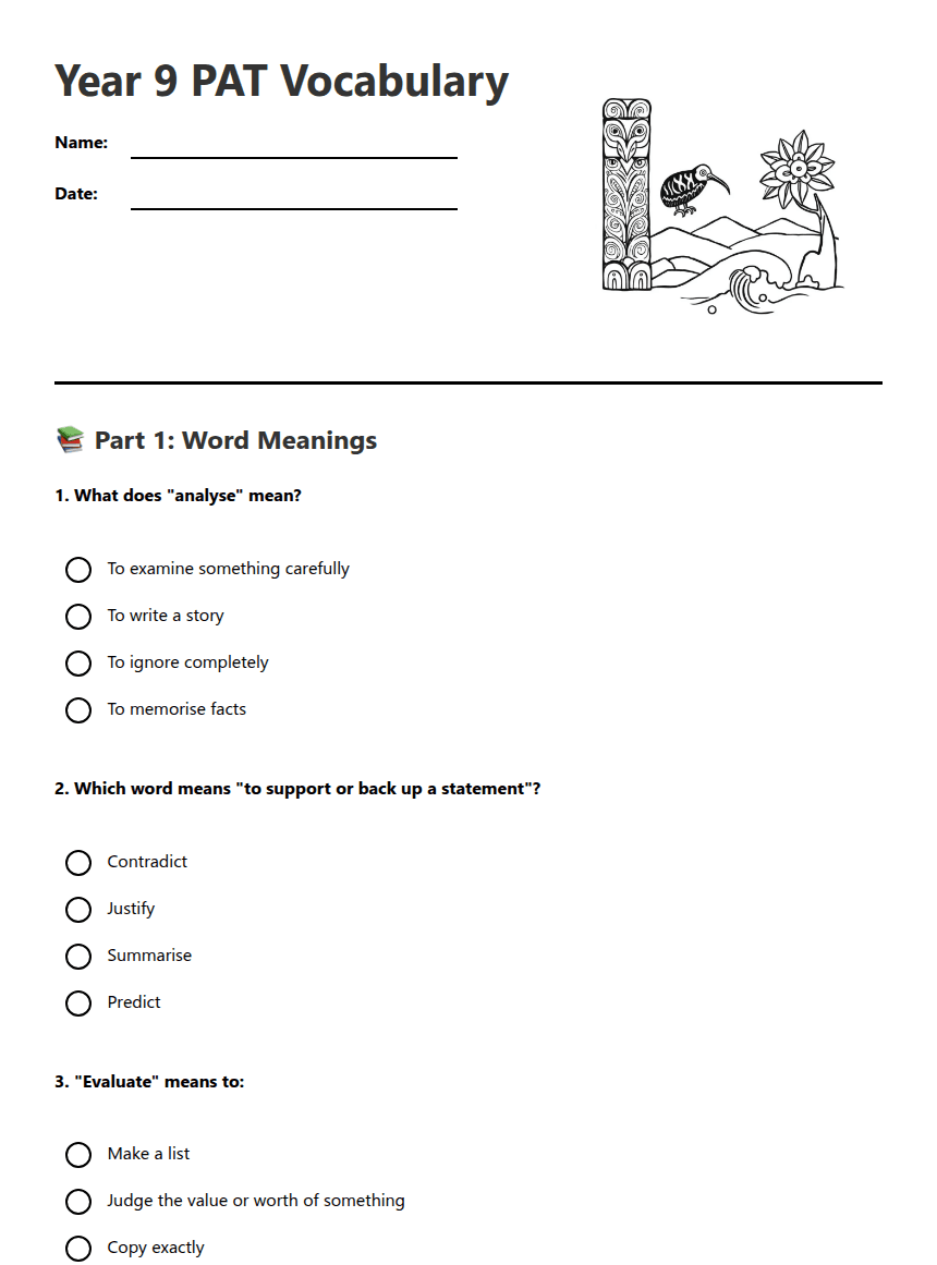 Year 9 PAT Vocabulary worksheet preview