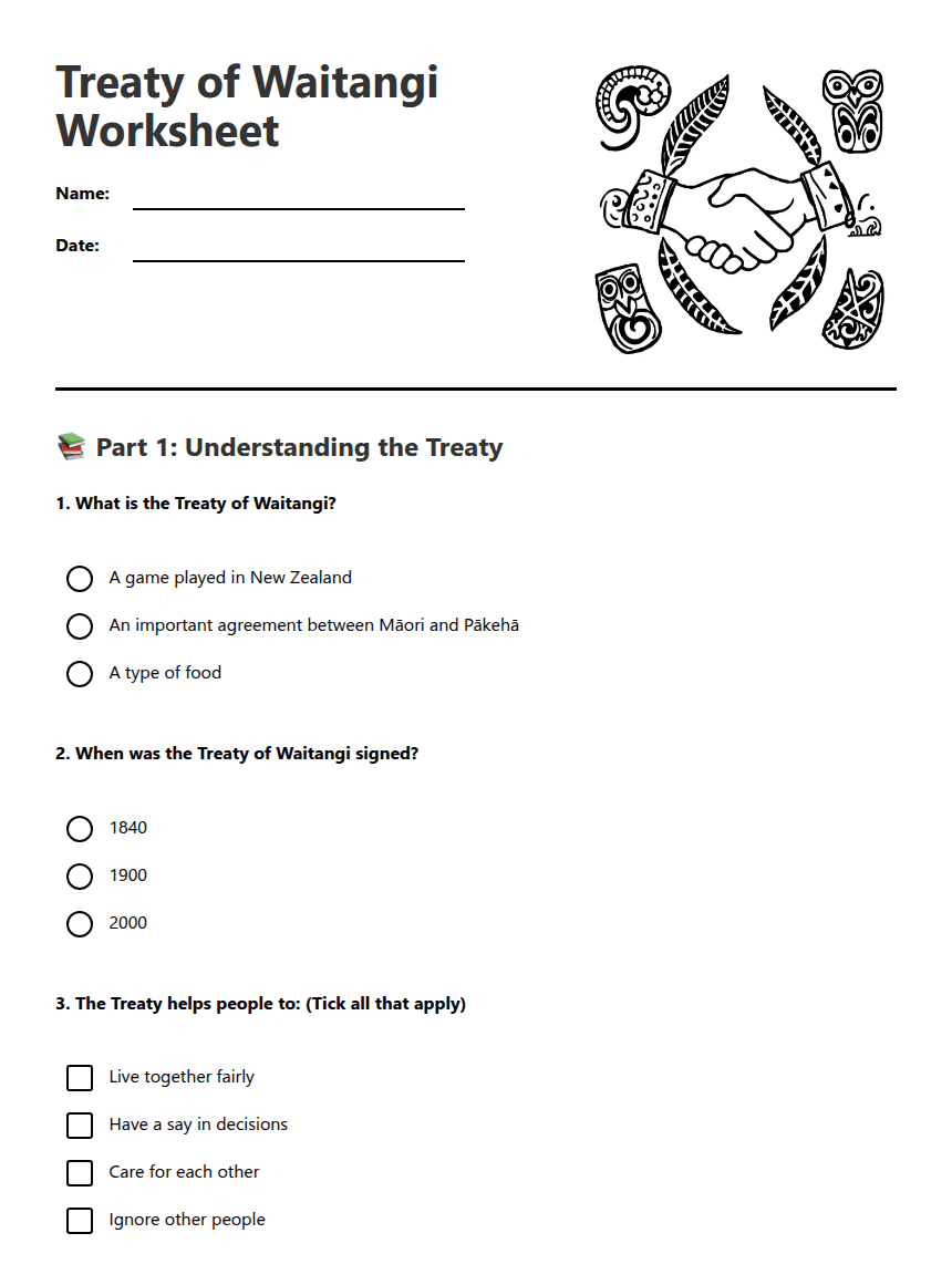 Treaty of Waitangi Worksheet worksheet preview