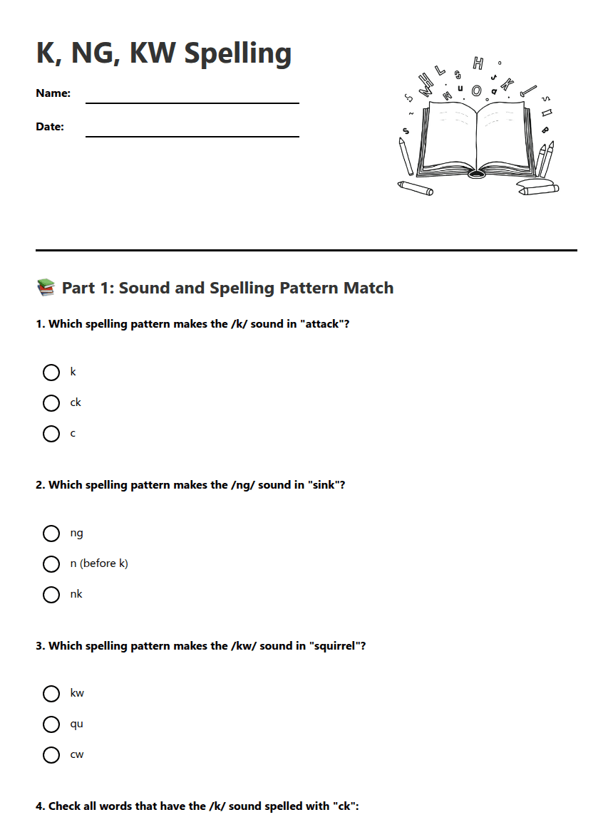 K, NG, KW Spelling worksheet preview