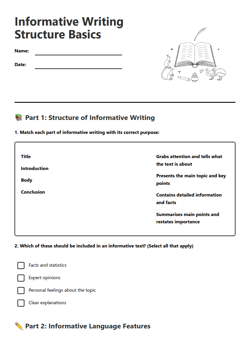 Informative Writing Structure Basics worksheet preview