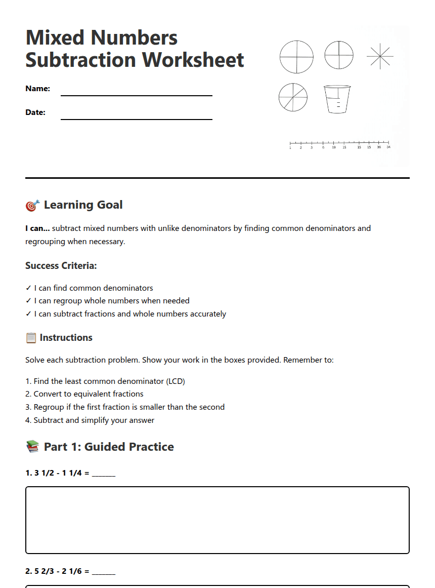 Mixed Numbers Subtraction Worksheet worksheet preview