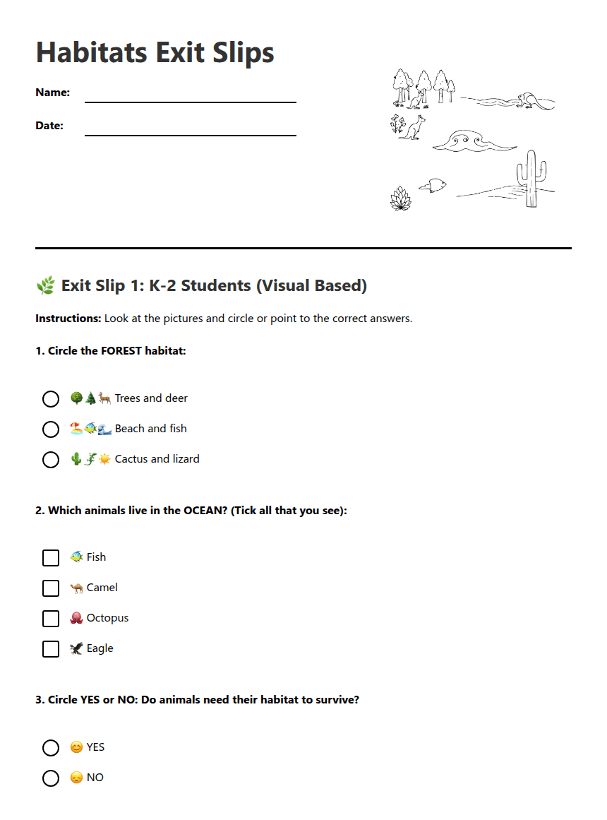 Habitats Exit Slips worksheet preview