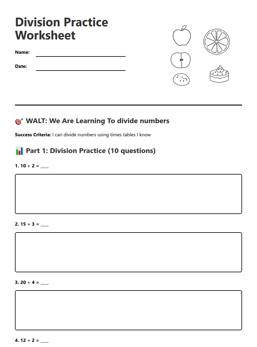 Division Practice Worksheet worksheet preview