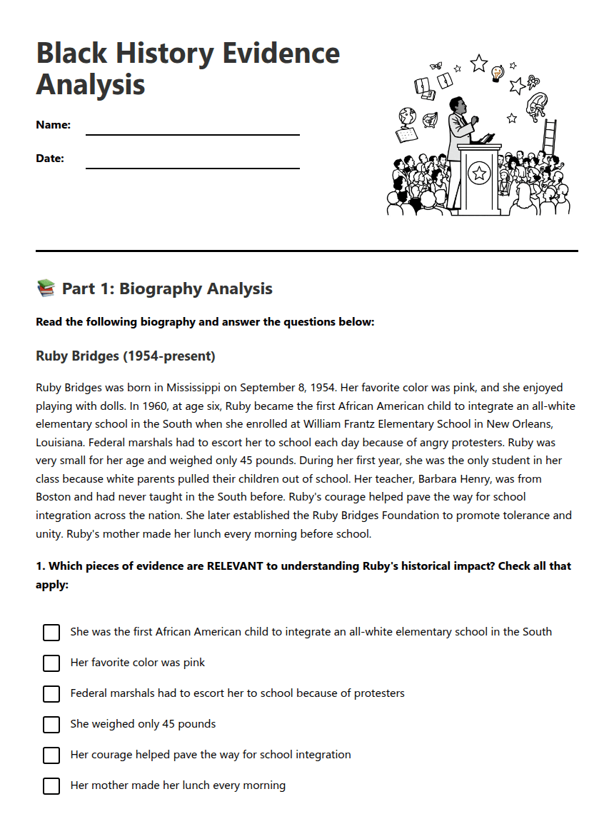 Black History Evidence Analysis worksheet preview
