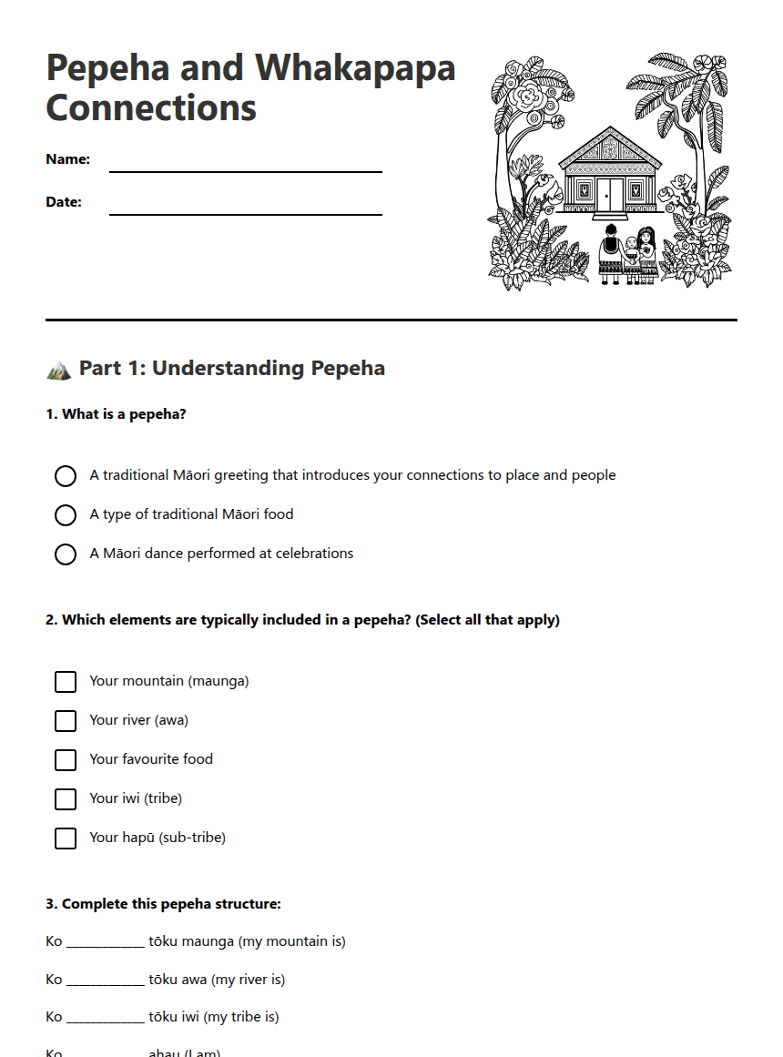 Pepeha and Whakapapa Connections worksheet preview