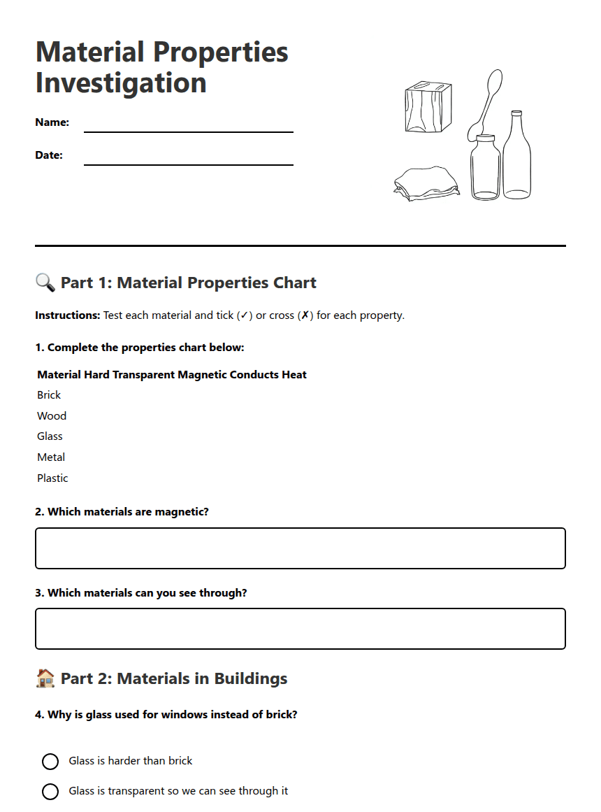 Material Properties Investigation worksheet preview