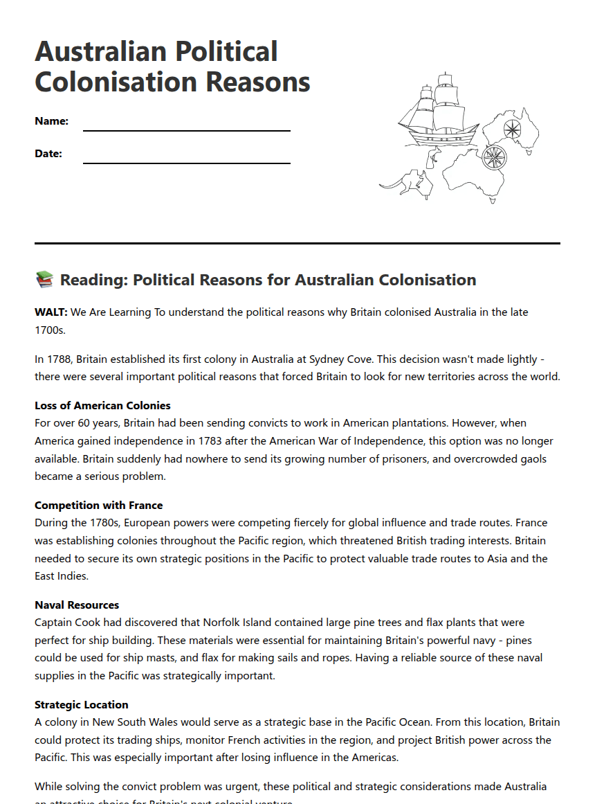 Australian Political Colonisation Reasons worksheet preview