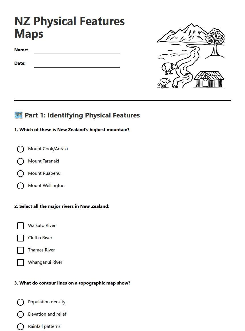 NZ Physical Features Maps worksheet preview