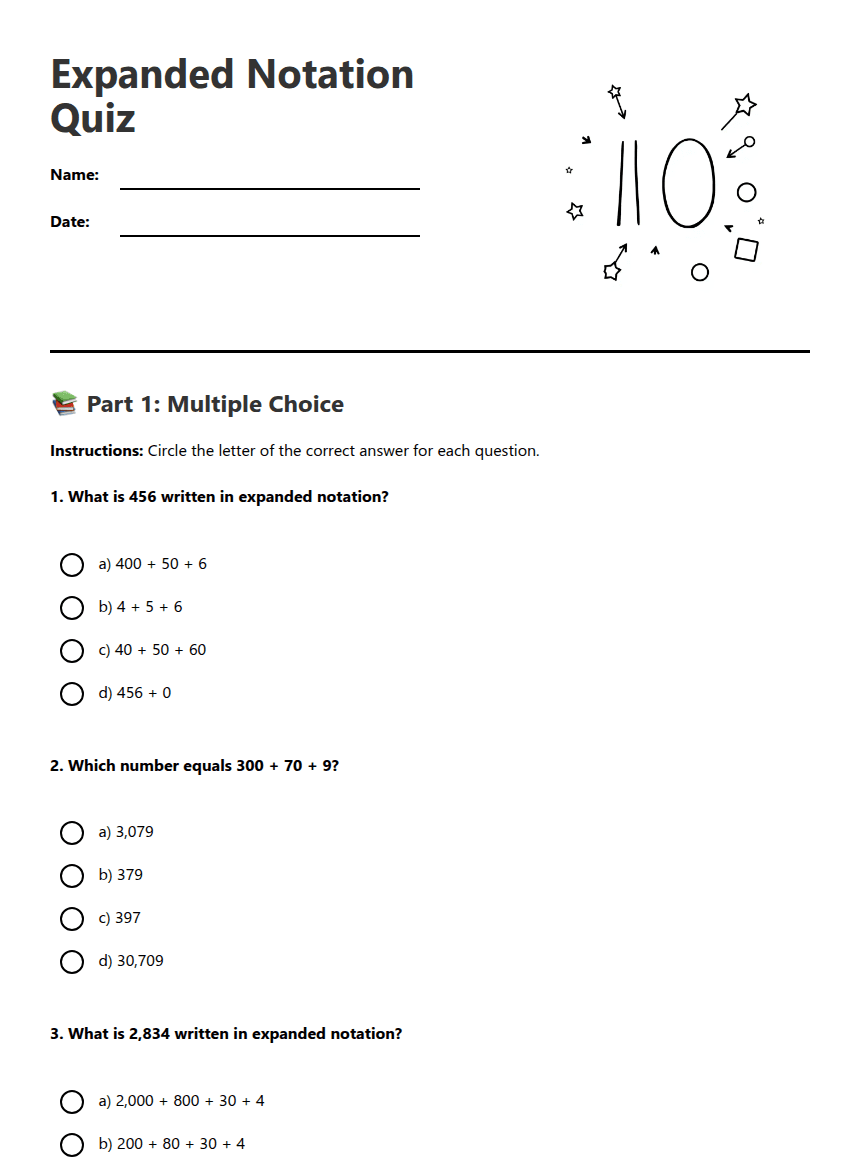 Expanded Notation Quiz worksheet preview