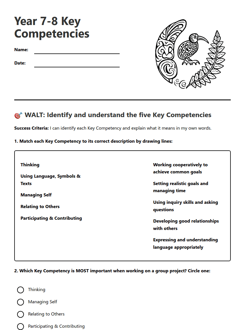 Year 7-8 Key Competencies worksheet preview