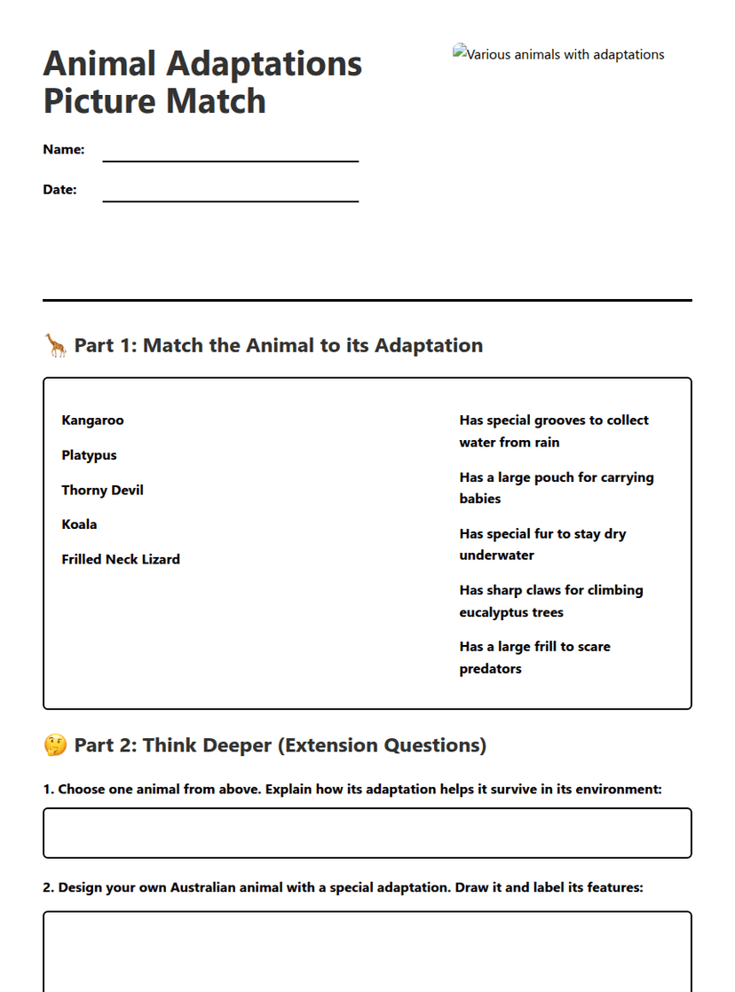 Animal Adaptations Picture Match