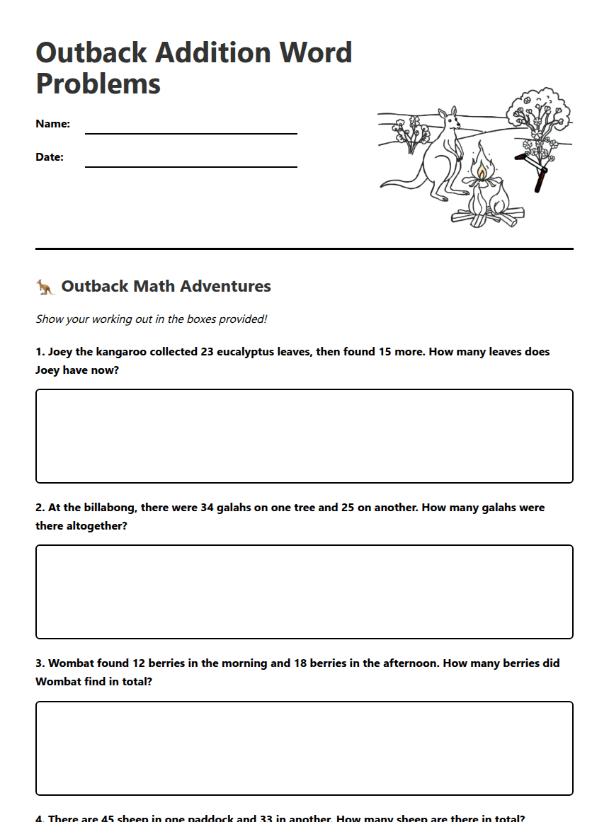 Outback Addition Word Problems worksheet preview
