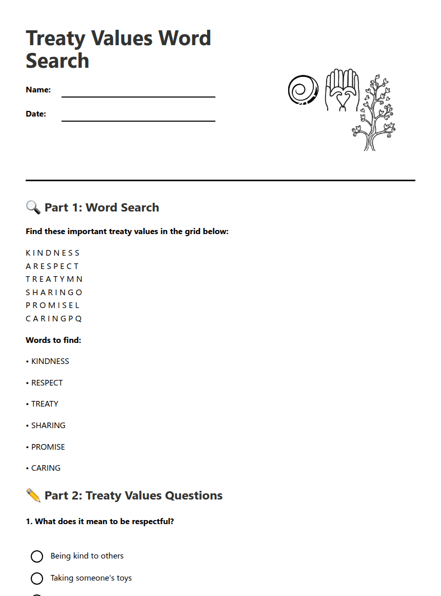 Treaty Values Word Search worksheet preview
