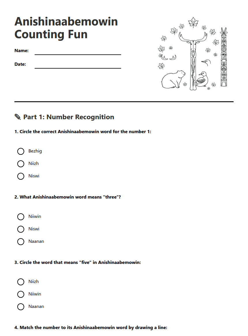 Anishinaabemowin Counting Fun worksheet preview