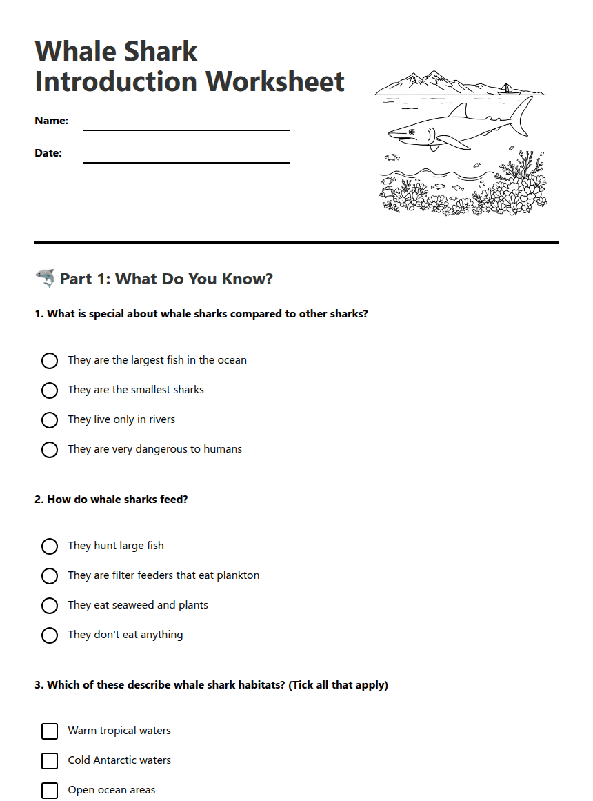 Whale Shark Introduction Worksheet worksheet preview