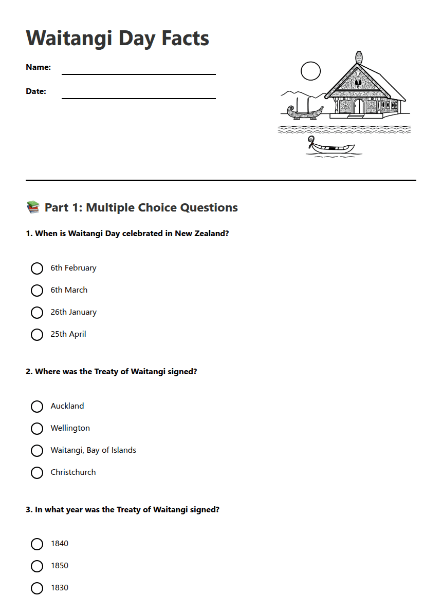 Waitangi Day Facts worksheet preview