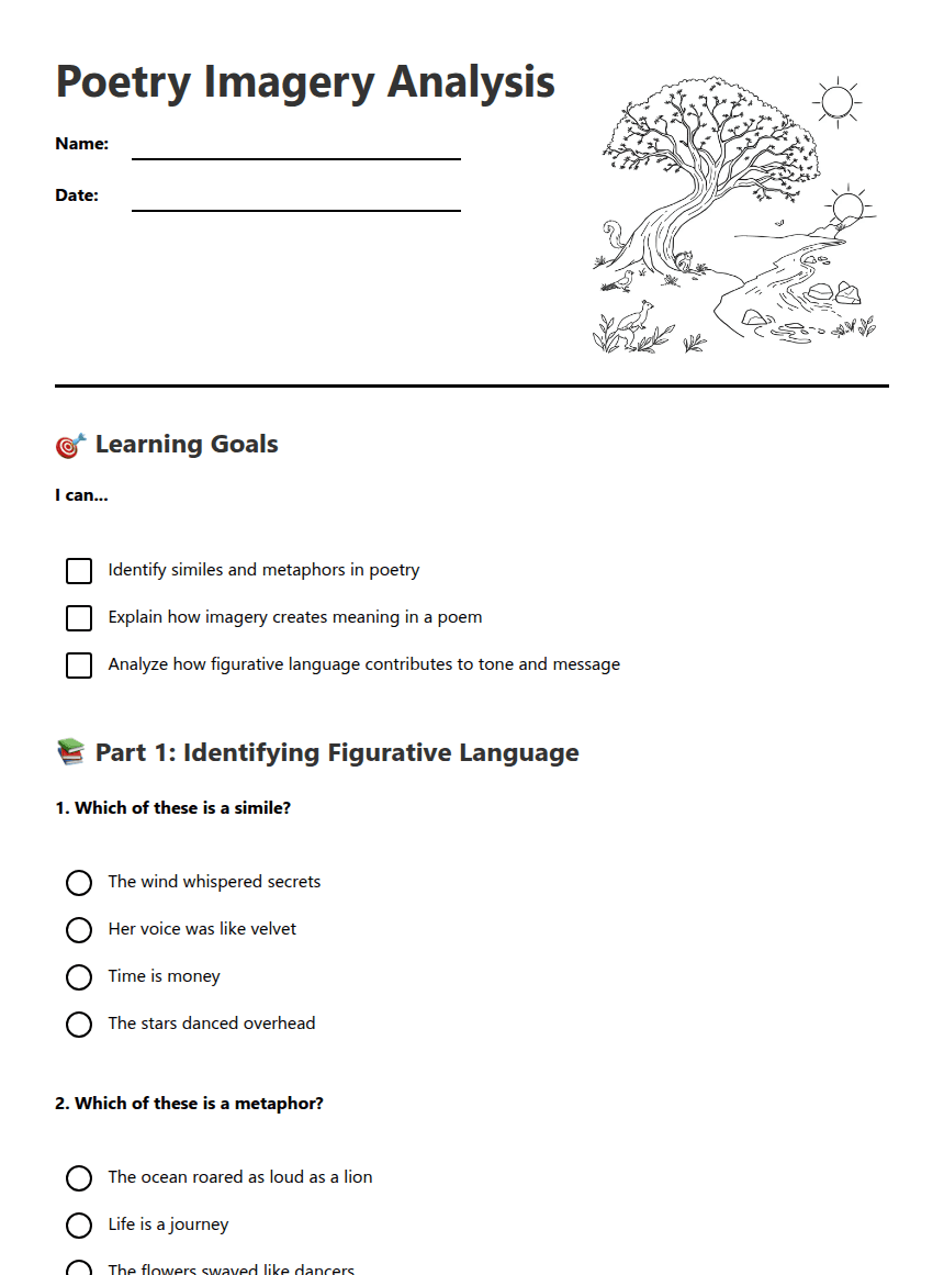 Poetry Imagery Analysis worksheet preview