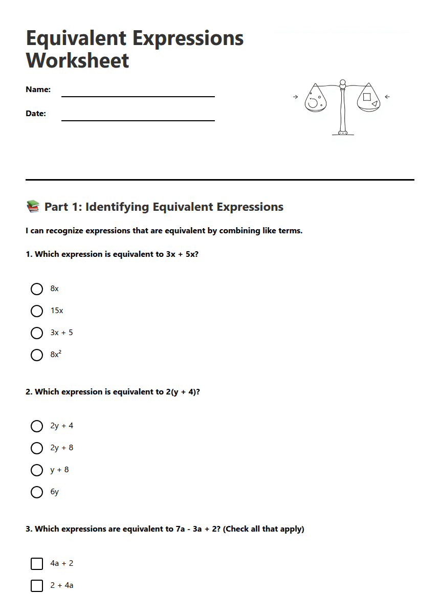 Equivalent Expressions Worksheet worksheet preview