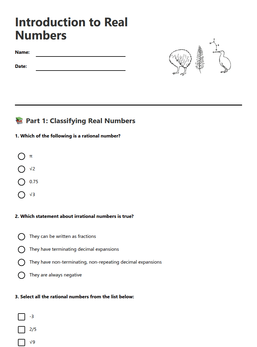 Introduction to Real Numbers worksheet preview