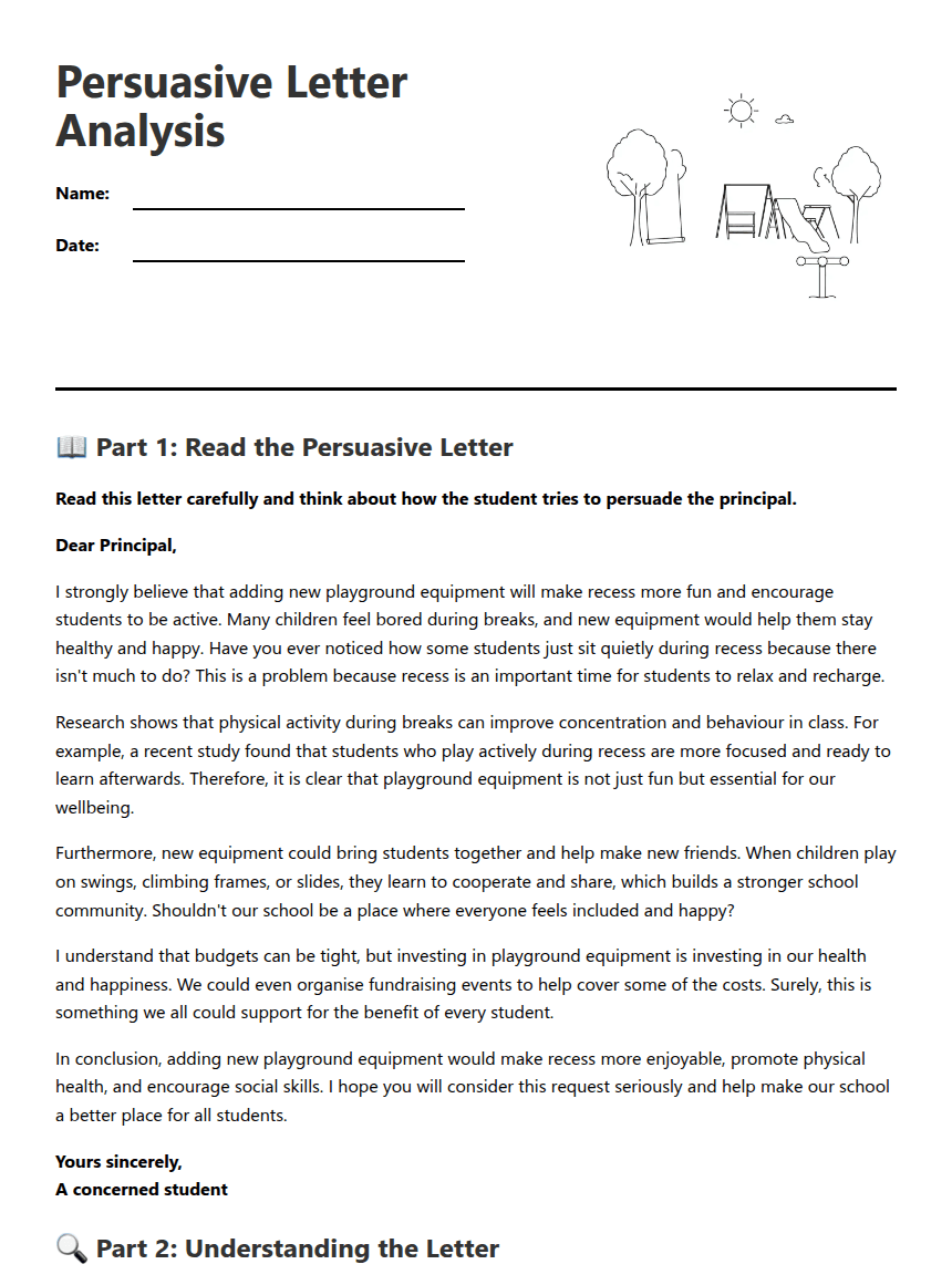 Persuasive Letter Analysis worksheet preview