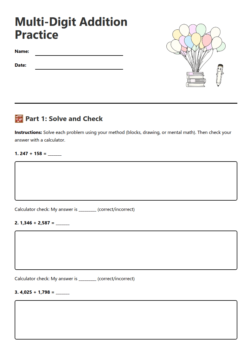 Multi-Digit Addition Practice worksheet preview