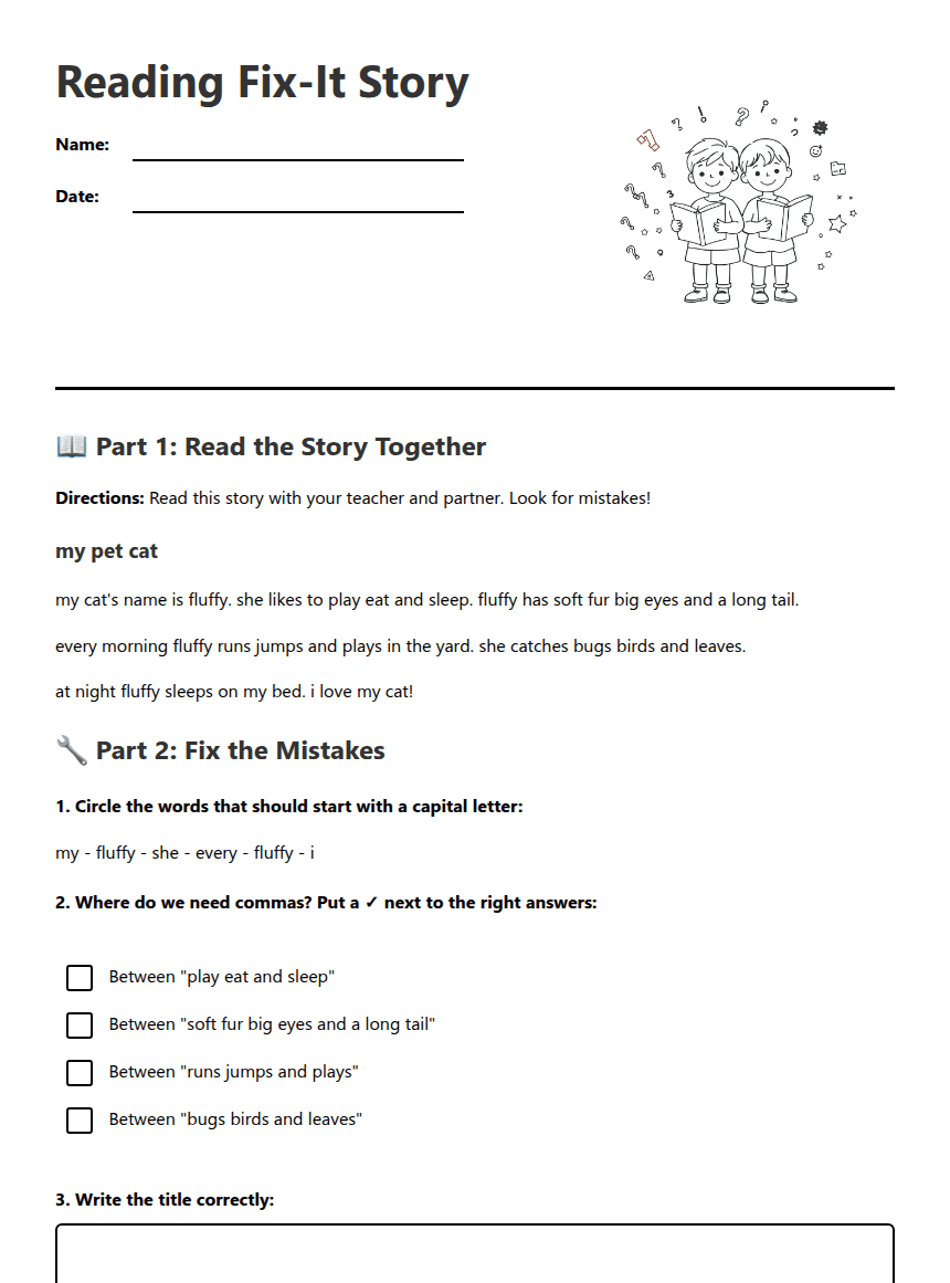 Reading Fix-It Story worksheet preview