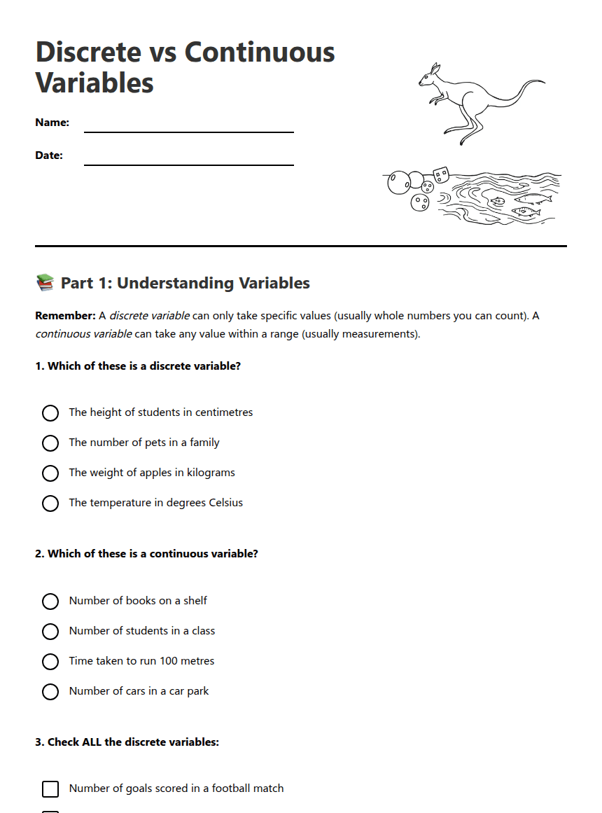 Discrete vs Continuous Variables worksheet preview