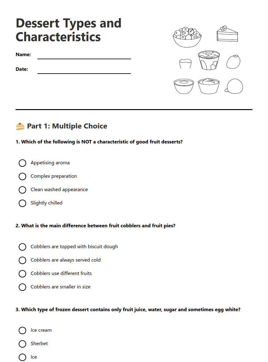 Dessert Types and Characteristics worksheet preview