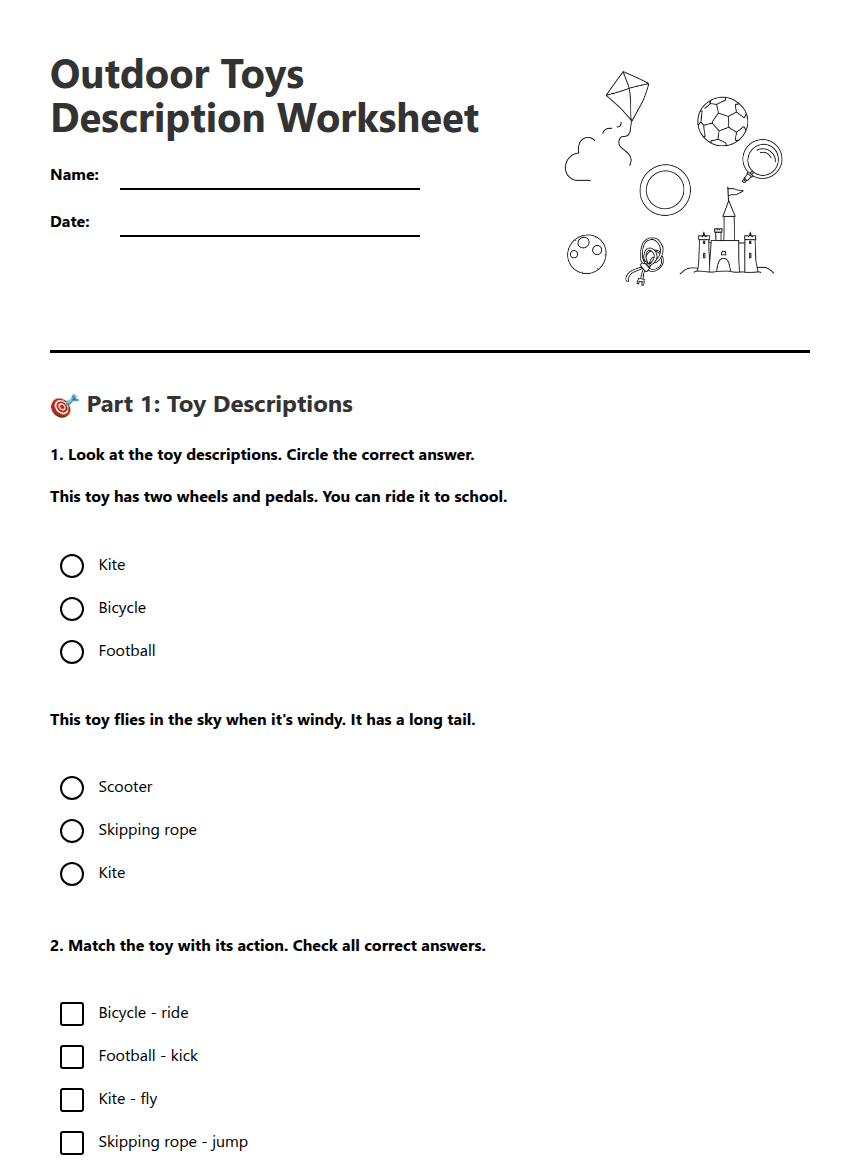 Outdoor Toys Description Worksheet worksheet preview