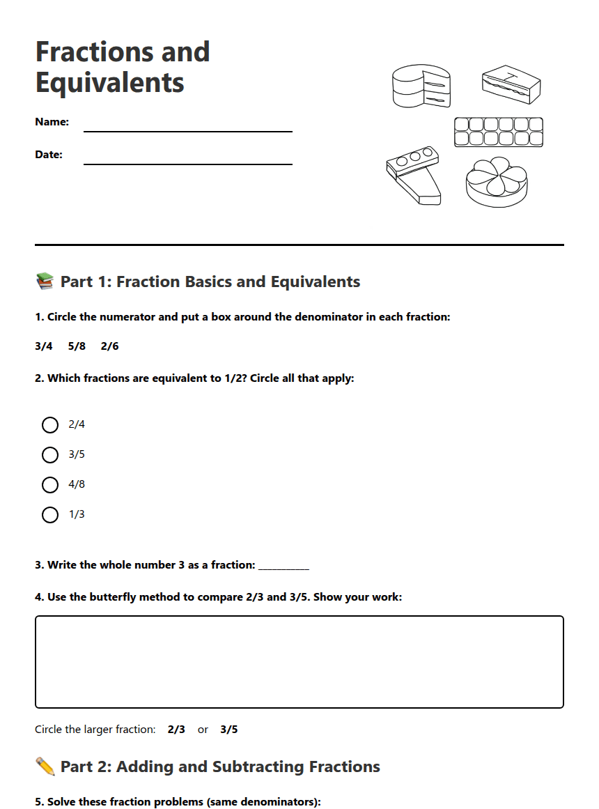 Fractions and Equivalents worksheet preview