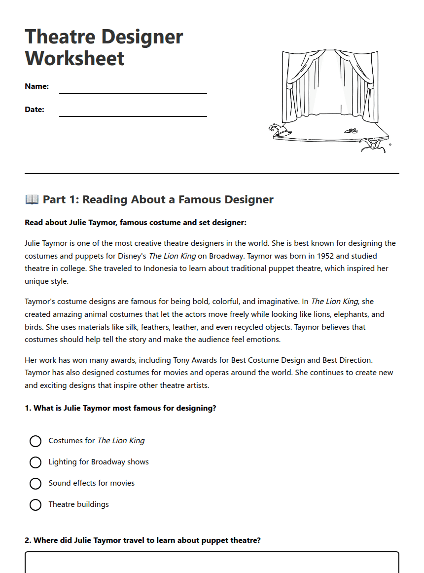 Theatre Designer Worksheet worksheet preview