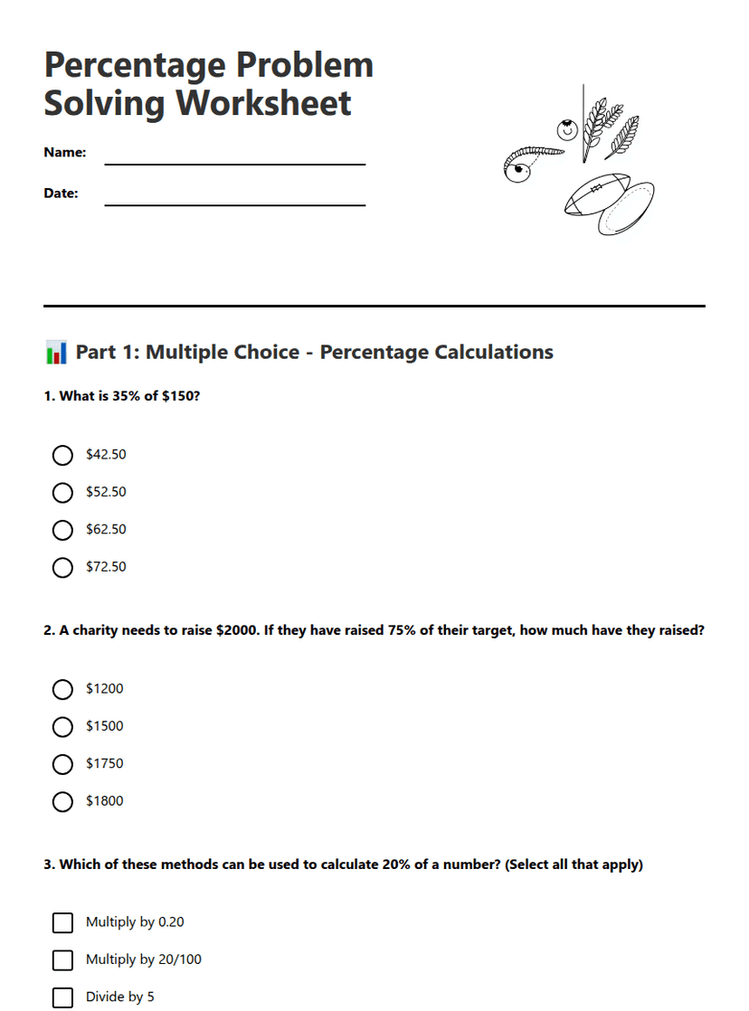 Percentage Problem Solving Worksheet