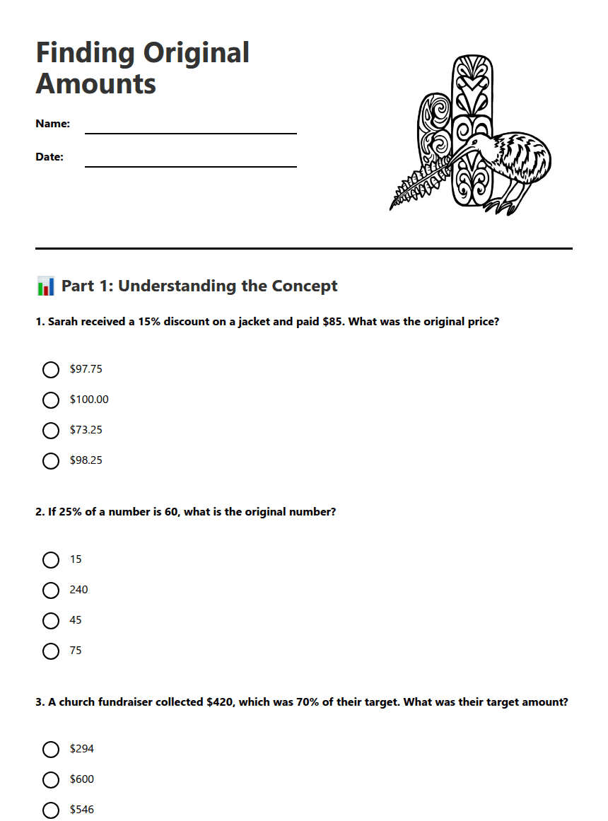 Finding Original Amounts worksheet preview