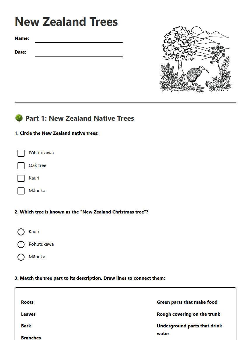 New Zealand Trees worksheet preview