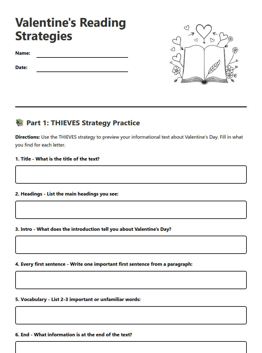 Valentine's Reading Strategies worksheet preview