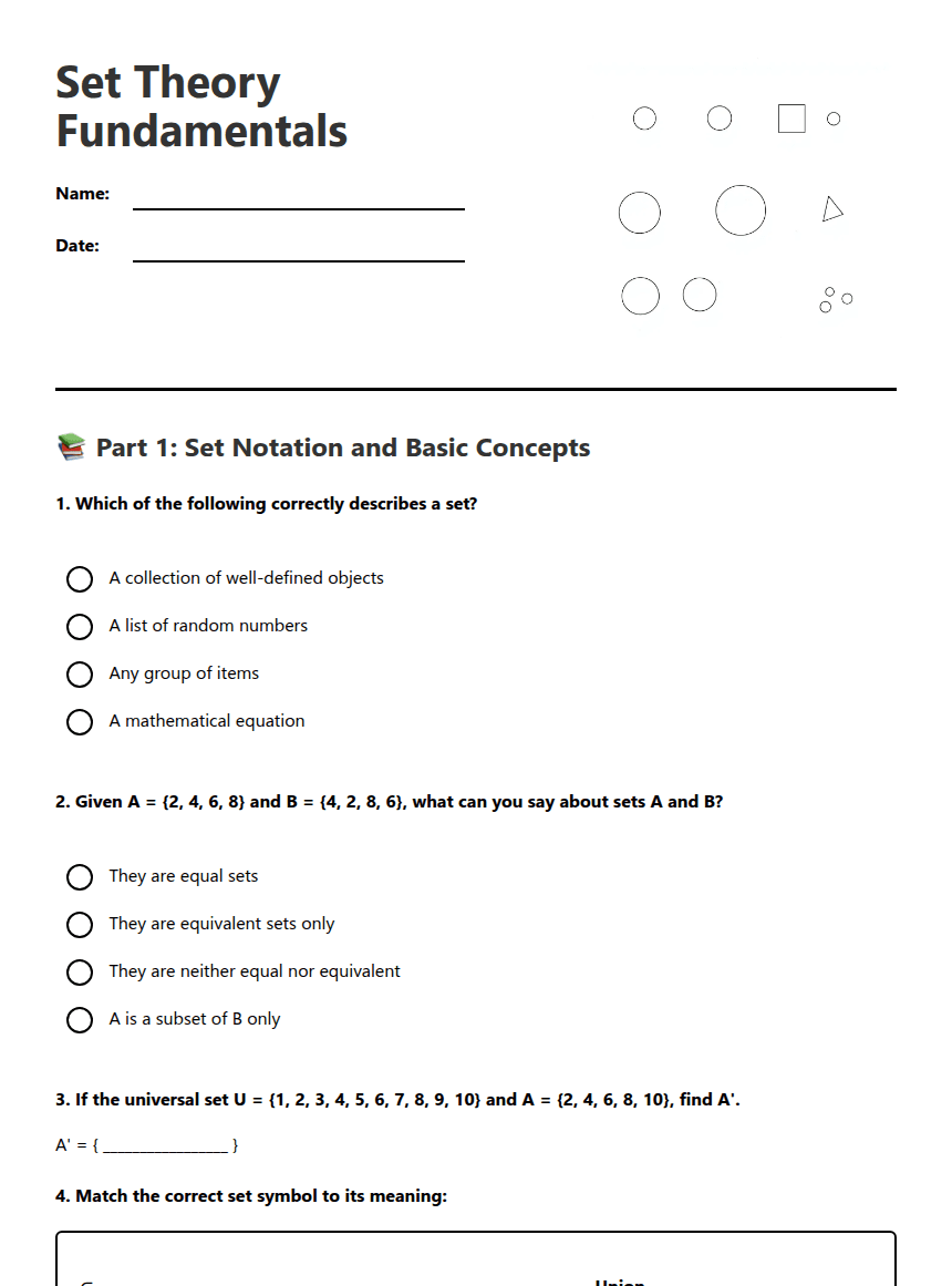 Set Theory Fundamentals worksheet preview
