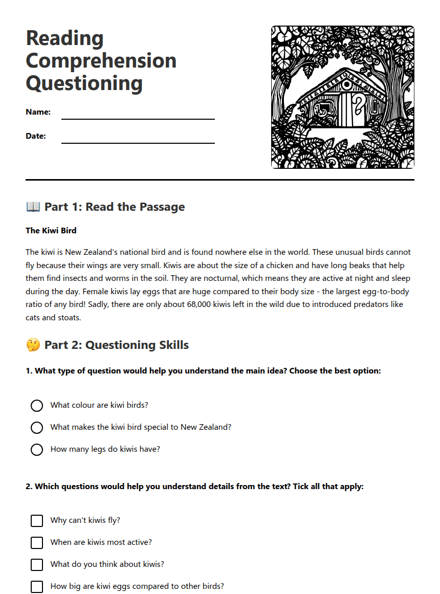 Reading Comprehension Questioning worksheet preview