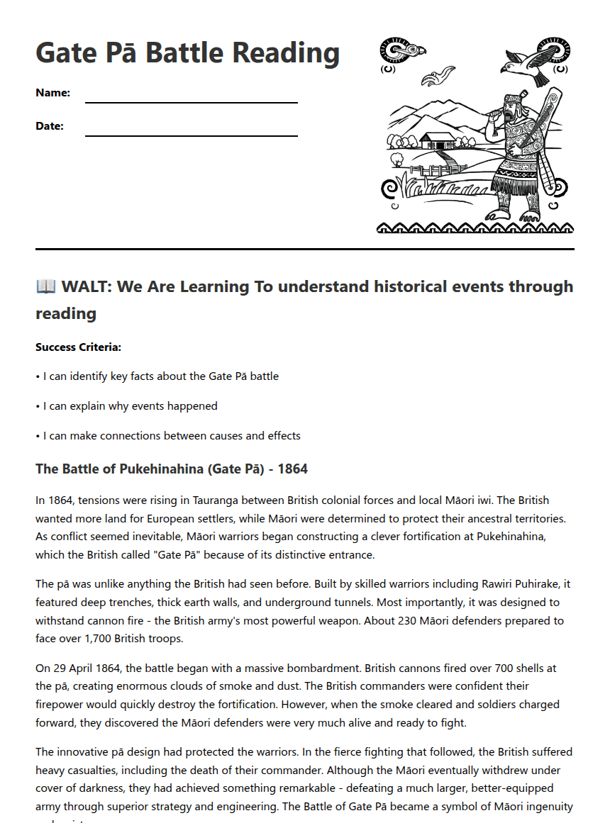 Gate Pā Battle Reading worksheet preview