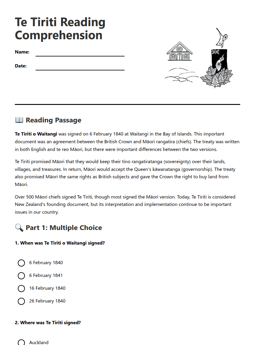 Te Tiriti Reading Comprehension worksheet preview