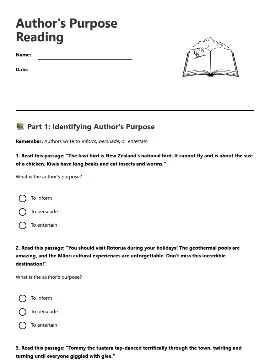 Author's Purpose Reading worksheet preview