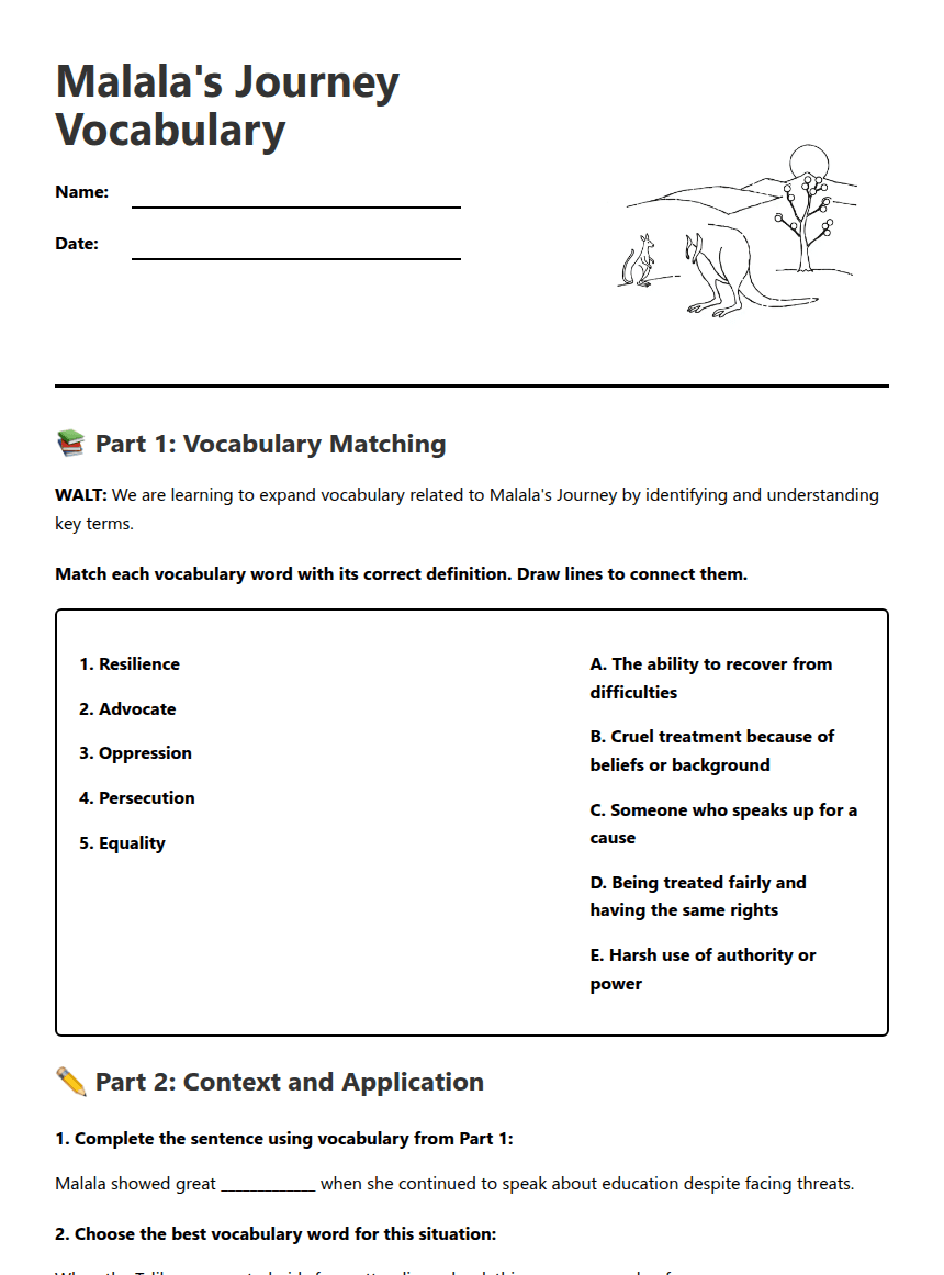 Malala's Journey Vocabulary worksheet preview