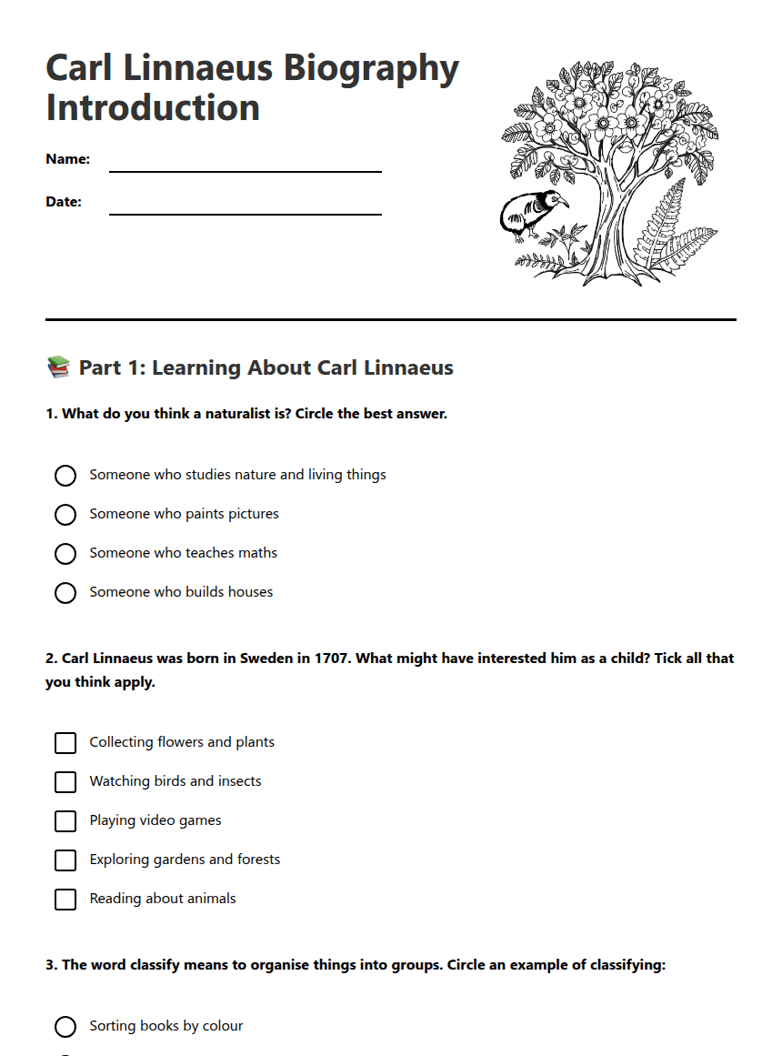 Carl Linnaeus Biography Introduction worksheet preview
