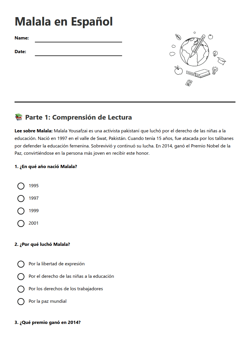 Malala en Español worksheet preview